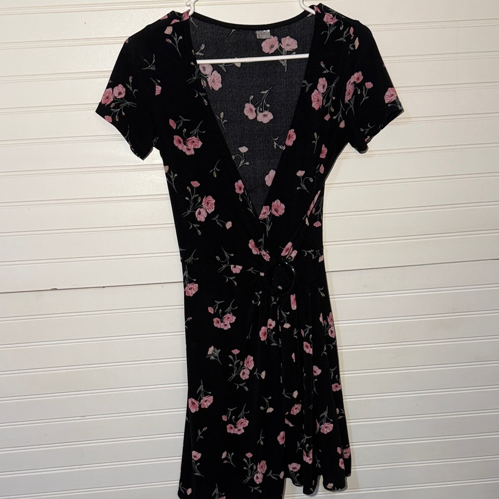 Floral Black and Pink Wrap Dress